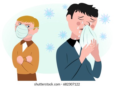 A sick man and a businessman with a hygiene mask. The spread of the virus. Vector illustration.