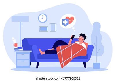 Sick man calling ambulance. Guy with thermometer in mouth checking heartbeat rate with phone app flat vector illustration. Fever, flu, illness concept for banner, website design or landing web page