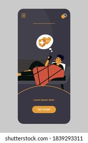 Hombre enfermo llamando a una ambulancia. Un tipo con termómetro en la boca comprobando la velocidad del latido del corazón con la aplicación de teléfono ilustración vectorial plana. Fiebre, gripe, concepto de enfermedad para banner, diseño de sitio web o página web de aterrizaje