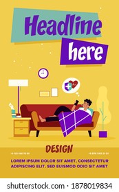 Sick man calling ambulance. Guy with thermometer in mouth checking heartbeat rate with phone app flat vector illustration. Fever, flu, illness concept for banner, website design or landing web page