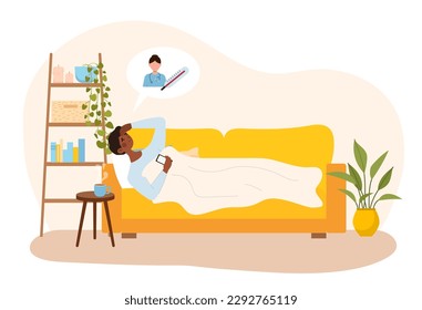 Sick man calling ambulance. Young guy with smartphone lies on bed under blanket and holds his head. Character with illness, high fever and sore throat, cold or covid. Cartoon flat vector illustration