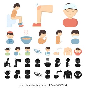 The sick man cartoon, black icons in set collection for design. Illness and treatment vector symbol stock web illustration. The sick man cartoon, black icons in set collection for design. Illness and treatment vector symbol stock web illustration.