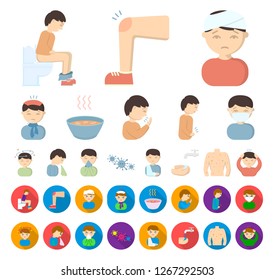 The sick man cartoon,flat icons in set collection for design. Illness and treatment vector symbol stock web illustration.