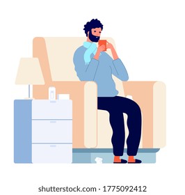 Sick man character. Cold disease, ill person in chair with fever sneeze. Adult flu infection, influenza or virus patient vector illustration