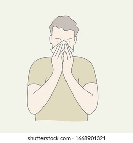 Sick man character sneeze. Hand drawn vector illustration.