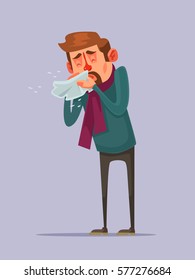 Sick man character sneezes. Vector flat cartoon illustration