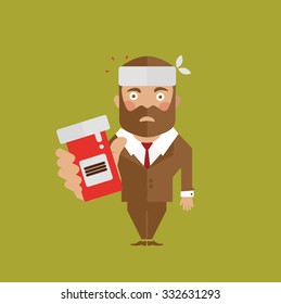 Sick man character with thermometer, flu, fever and drug pills