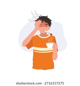 a sick man checking fever with a thermometer while holding a hot drink. flu symptoms and illness concept.