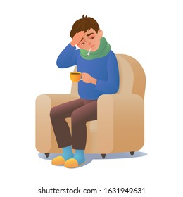 Sick man with a cold disease sitting in a chair with a thermometer. Vector illustration sick man with a cold flu illness isolated on a white background. Boy feeling ill fever.