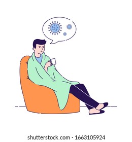 Sick man with a cold disease sitting in a chair with cup flat vector illustration. Symptoms of a cold, fever, influenza. Isolated cartoon character with speech bubble on a white background.