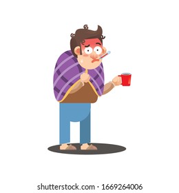 Sick man, a cold disease, with thermometer.  Male feeling ill fever. Cartoon character, Fever, influenza symptom, vector illustration isolated on white background