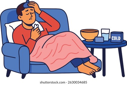 Homem Doente com Frio, Ilustração Vetorial.