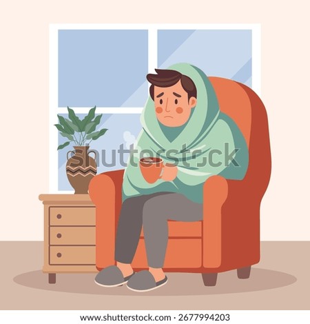 Sick man with a cold wrapped in blanket sitting in the armchair at home. Concept of illness, sickness, cold, flu, fever. Illustration.