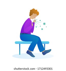 Sick man with cough isolated character. Coronavirus or influenza symptoms, diagnosis and treatment concept. Young man coughing over his hand while sitting at bench vector illustration in cartoon style