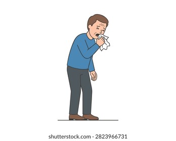 Sick Man Coughing into Tissue Paper Illustration Character Isolated on White