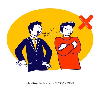Sick Man Coughing on other Person Stand beside. 2019-nCov, Flu Sickness. Diseased Male Character Got Virus Infection, Cold or Covid-19 Illness, Coronavirus Symptom. Linear People Vector Illustration