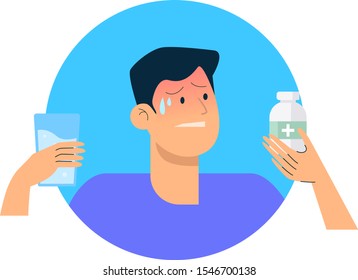Sick man with drugs in hand vector illustration. Sickness character. Flat isolated icon 