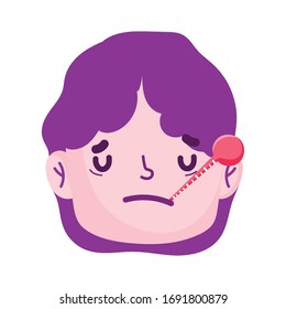 sick man face cartoon thermometer fever symptoms covid 19 coronavirus pandemic vector illustration