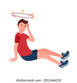 Sick man feeling dizzy in flat design on white background. Unwell guy with spinning stars above his head.