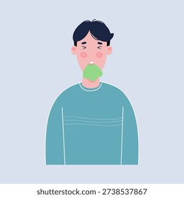 Sick man feels unwell, dizzy, nauseous and vomits. Suffering from food poisoning. Vector illustration    
