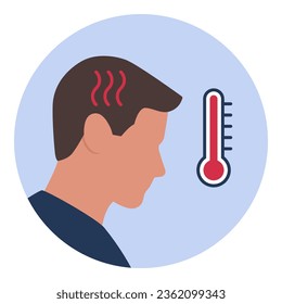 Sick man with fever and hot thermometer, isolated icon