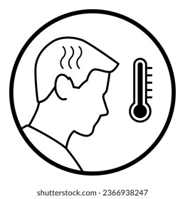 Sick man with fever and hot thermometer, isolated icon