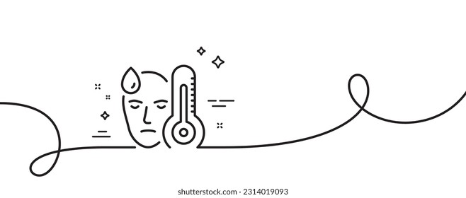 Sick man with fever line icon. Continuous one line with curl. Temperature thermometer sign. Flu illness symbol. Fever single outline ribbon. Loop curve pattern. Vector