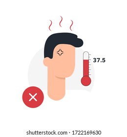 Sick man with fever. Temperature thermometer sign. Flu illness symbol. Flat style. Quality design element. Simple fever illustration. Vector