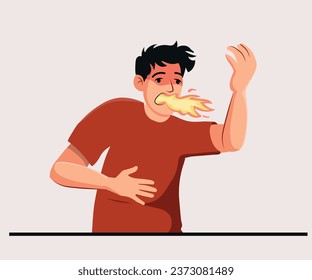 Sick man with flame coming out mouth suffers from heartburn due to problems with digestive system. Guy ache heartburn and needs treatment to recover stomach after eating spicy food.