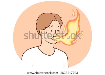 Sick man with flame coming out mouth suffers from heartburn due to problems with digestive system. Guy ache heartburn and needs treatment to recover stomach after eating spicy food