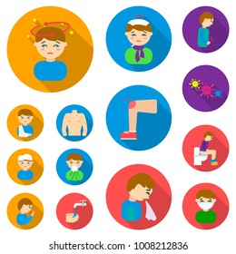 The sick man flat icons in set collection for design. Illness and treatment vector symbol stock web illustration.