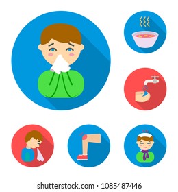 The sick man flat icons in set collection for design.Illness and treatment vector symbol stock web illustration.