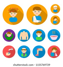The sick man flat icons in set collection for design.Illness and treatment vector symbol stock web illustration.