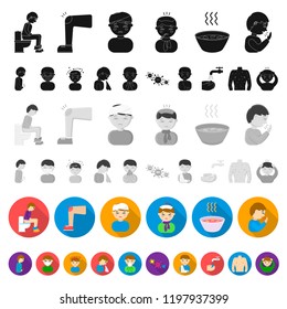 The sick man flat icons in set collection for design. Illness and treatment vector symbol stock web illustration.
