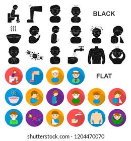 The sick man flat icons in set collection for design. Illness and treatment vector symbol stock web illustration.