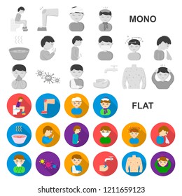 The sick man flat icons in set collection for design. Illness and treatment vector symbol stock web illustration.
