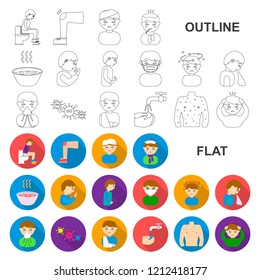 The sick man flat icons in set collection for design. Illness and treatment vector symbol stock web illustration.