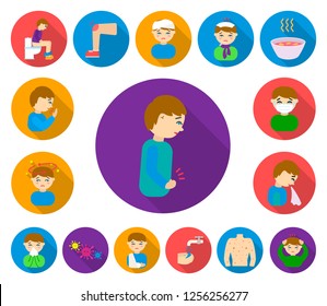 The sick man flat icons in set collection for design. Illness and treatment vector symbol stock web illustration.