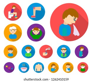 The sick man flat icons in set collection for design. Illness and treatment vector symbol stock web illustration.