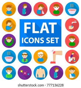The sick man flat icons in set collection for design. Illness and treatment vector symbol stock web illustration.