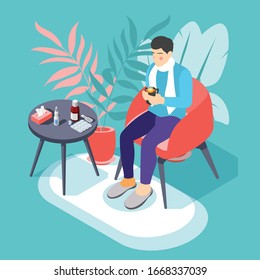 Sick man with flu cold sore throat sitting in armchair with hot drink isometric background vector illustration 