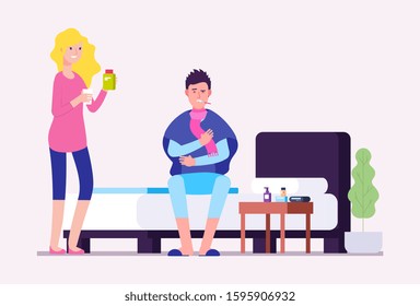 Sick man. Flu infection, cold male and woman with treatment. Ill person sitting on bed and suffer from winter sickness. Influenza vector illustration