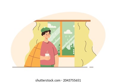 Sick man with flu looking at window with hot drink in hand. Fever, illness, medication. Healthcare and isolation concept. Modern flat vector illustration