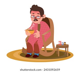 Sick man. Flu, viral disease. Vector illustration in cartoon style