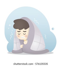 Sick man gets cold and Shivering in a warm blanket, Vector cartoon illustration.