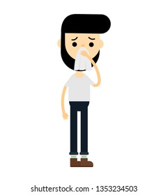 sick man with handkerchief in hand. unwell having an allergy. cartoon character isolated on white background. vector illustration.