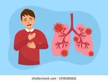 Sick man has chest pain symptom and lungs with virus cells in flat design. Coronavirus pneumonia disease. Respiratory system infection.