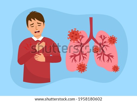 Sick man has chest pain symptom and lungs with virus cells in flat design. Coronavirus pneumonia disease. Respiratory system infection.