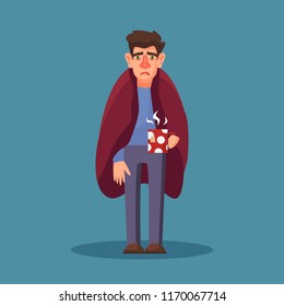 Sick man having a cold. Unhappy cartoon character. Flat style vector illustration