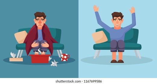 Sick man having a cold vs healthy happy man. Flat style vector illustration